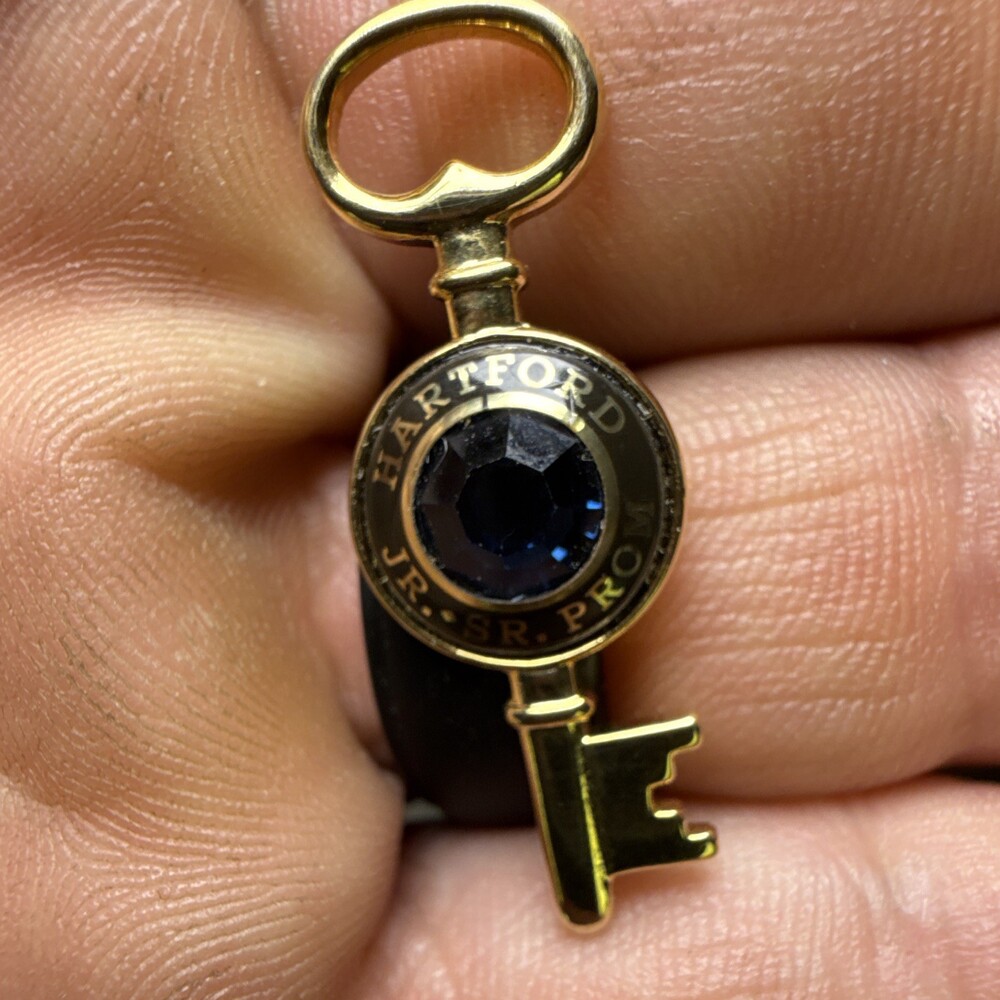 Gold Tone Key Charm Pendant, Blue Round Stone, 1 Gemstone, Hartford Jr. Sr. Prom